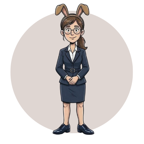 1 Eine Frau im Geschäftsanzug und mit Brille steht lächelnd, mit braunen Hasenohren auf dem Kopf, vor einem schlichten runden Hintergrund.