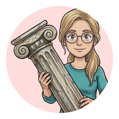 10 Cartoon-Frau mit Brille und langen blonden Haaren hält eine klassische ionische Säule vor einem rosa runden Hintergrund.