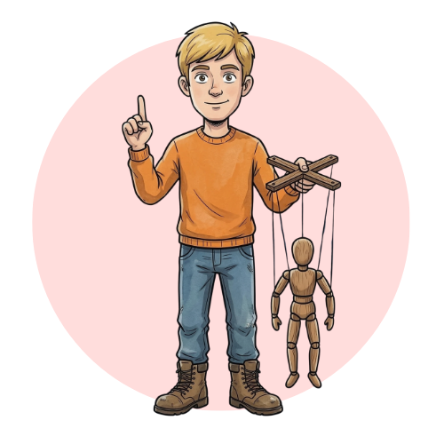 3 Konflikttypen und schwierige Mitarbeiter - Ein Junge mit blondem Haar, orangefarbenem Pullover und Jeans, hält einen Finger hoch und trägt in der anderen Hand eine hölzerne Marionette.