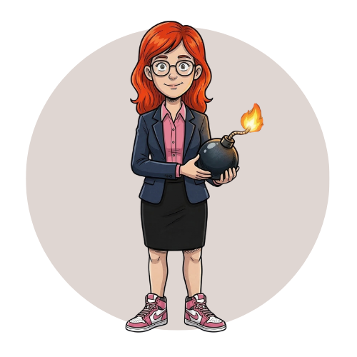 5 Cartoon-Frau mit roten Haaren, Brille und formeller Kleidung, die eine angezündete Cartoon-Bombe in der Hand hält und vor einem schlichten, runden Hintergrund steht.