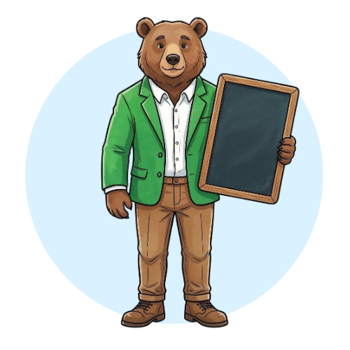 7 Ein aufrecht stehender Bär, der einen grünen Blazer, ein weißes Hemd und eine braune Hose trägt und in einer Pfote ein leeres Kreideschild hält.