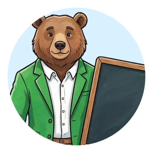 8 Ein Bär mit grünem Blazer und weißem Hemd steht neben einer leeren Kreidetafel.