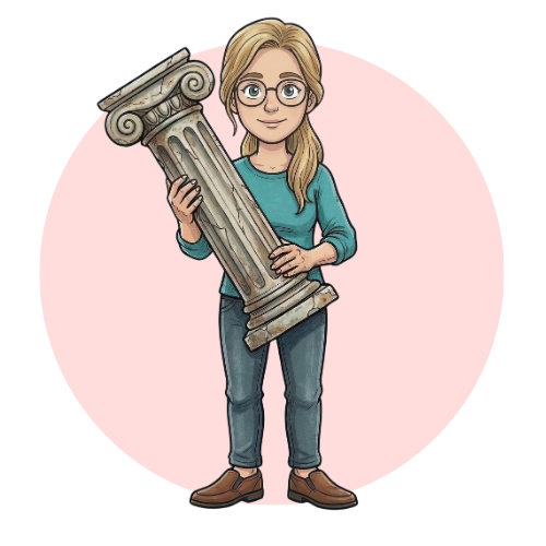 9 Cartoon-Frau mit Brille steht und hält eine große, klassische Säule im griechischen Stil vor einem hellrosa Kreis Hintergrund.